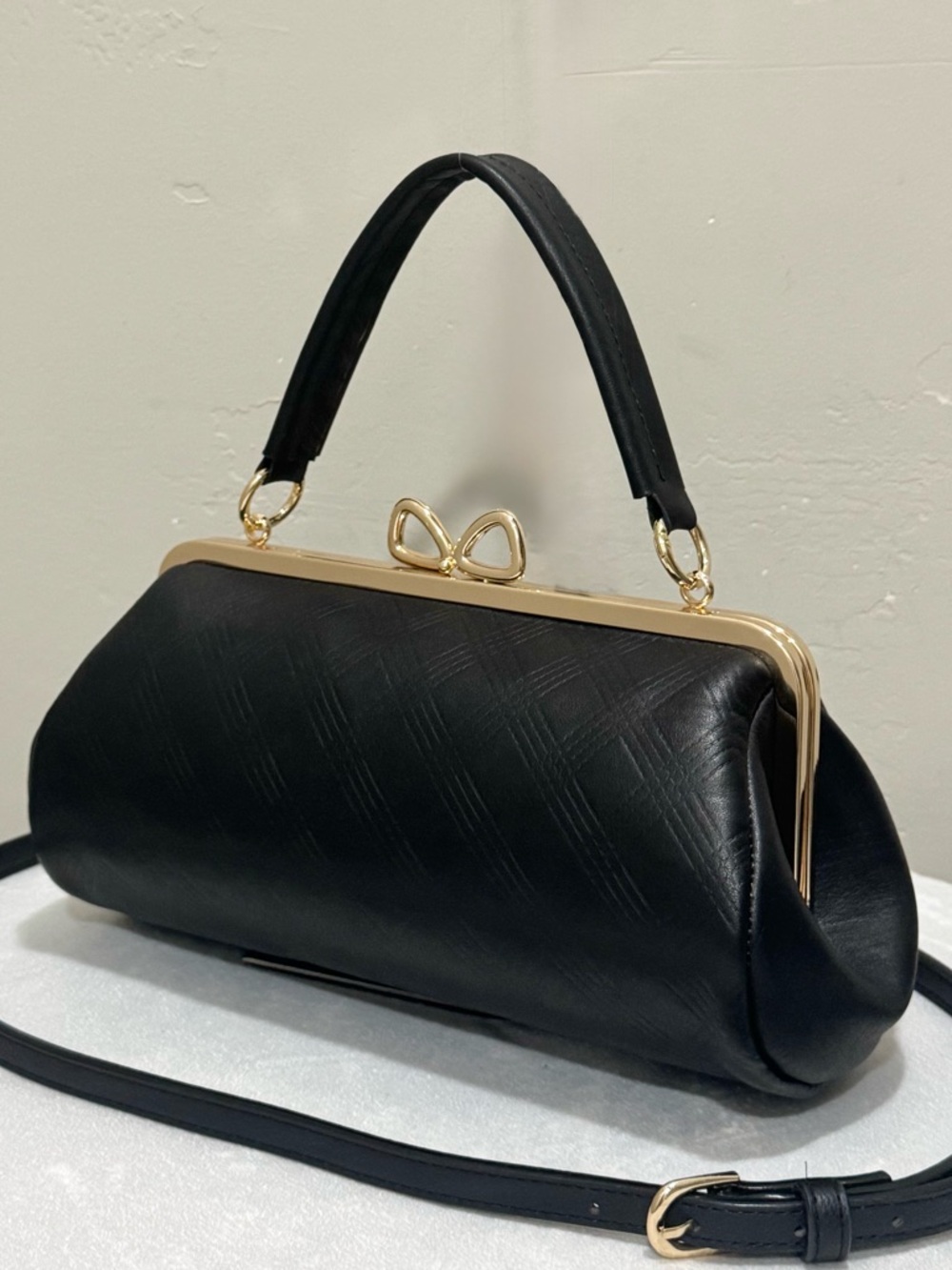 Black Embossed Calfskin Handmade “Bow” Shaped Kisslock Baguette Bag
